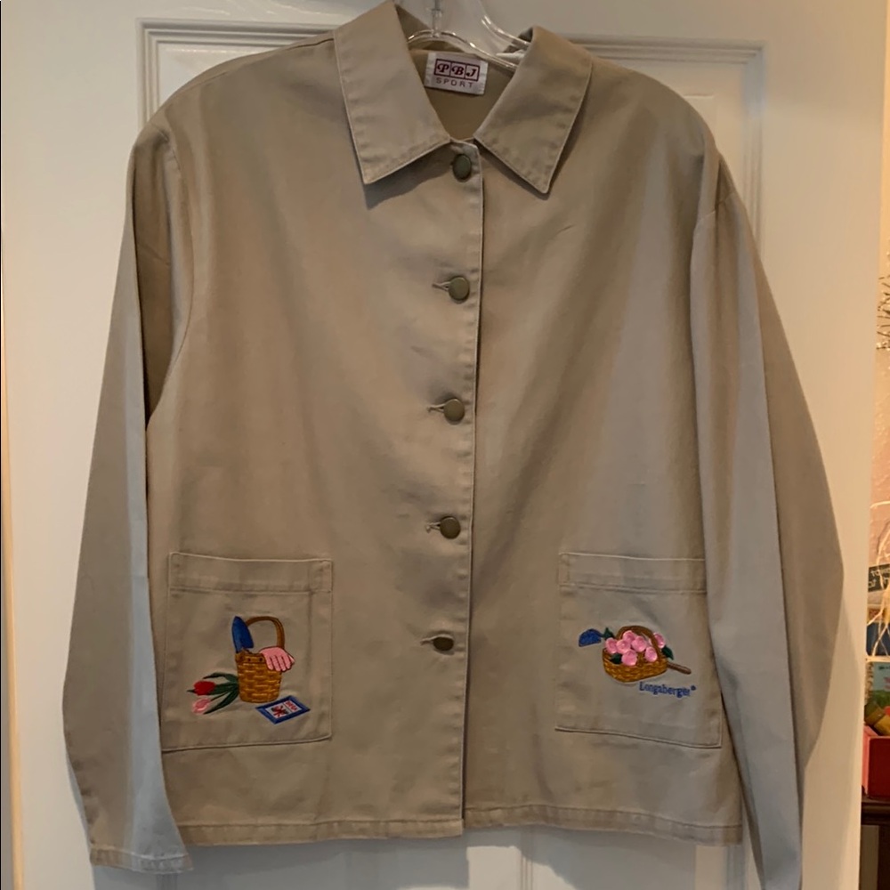 Longaberger Tan Utility Jacket with Whimsical Embroidery